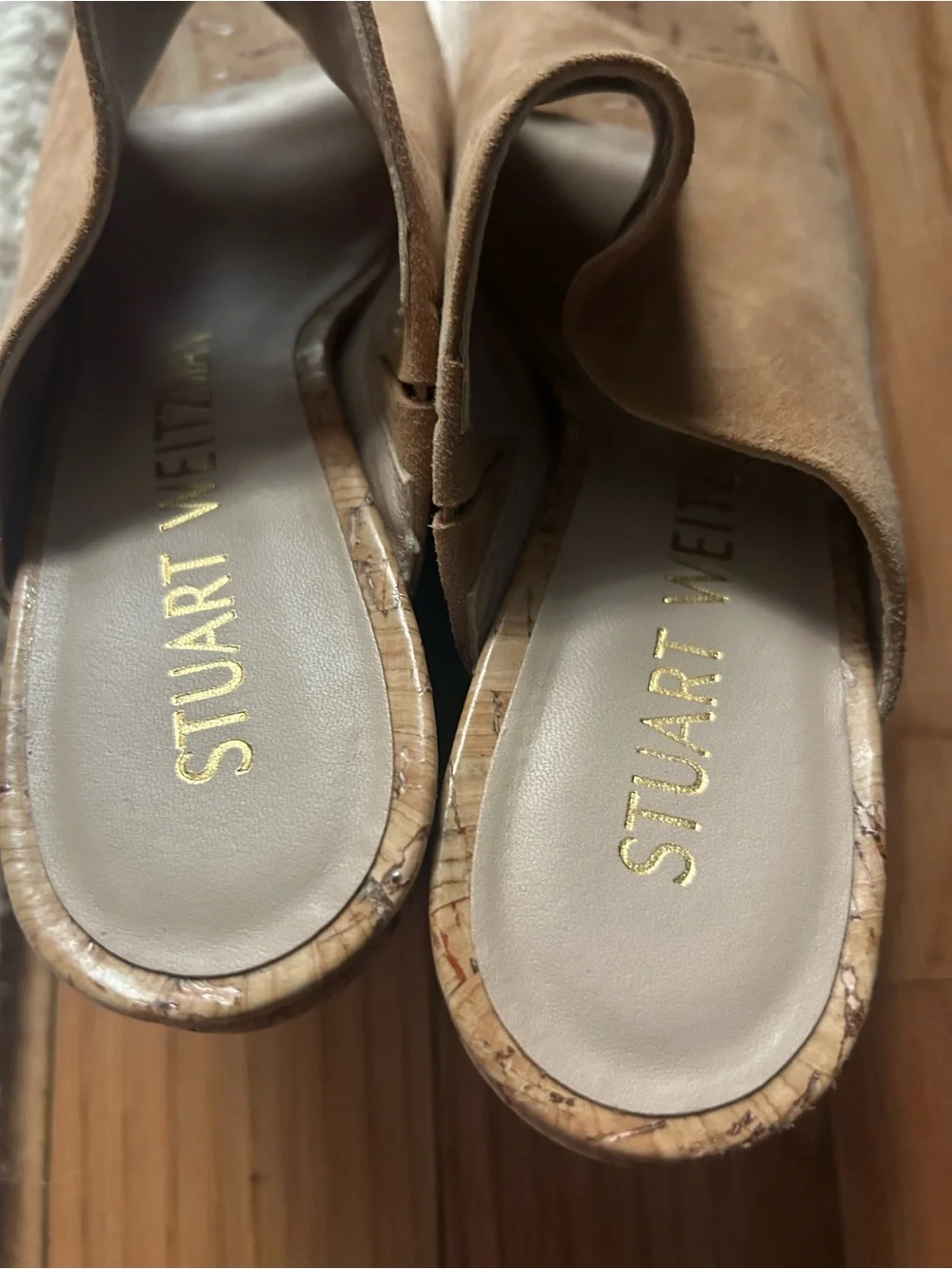 Stuart Weitzman Tan Suede Cork Wedge Mules - Picture 3 of 4